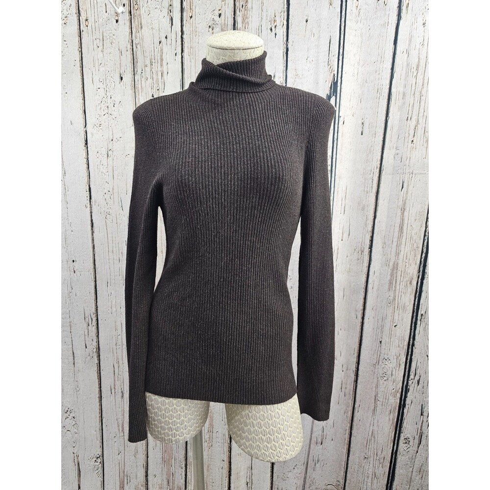 Margaret O'Leary Brown Ribbed‎ Stretchy Soft LS Turtleneck Sweater Women's M